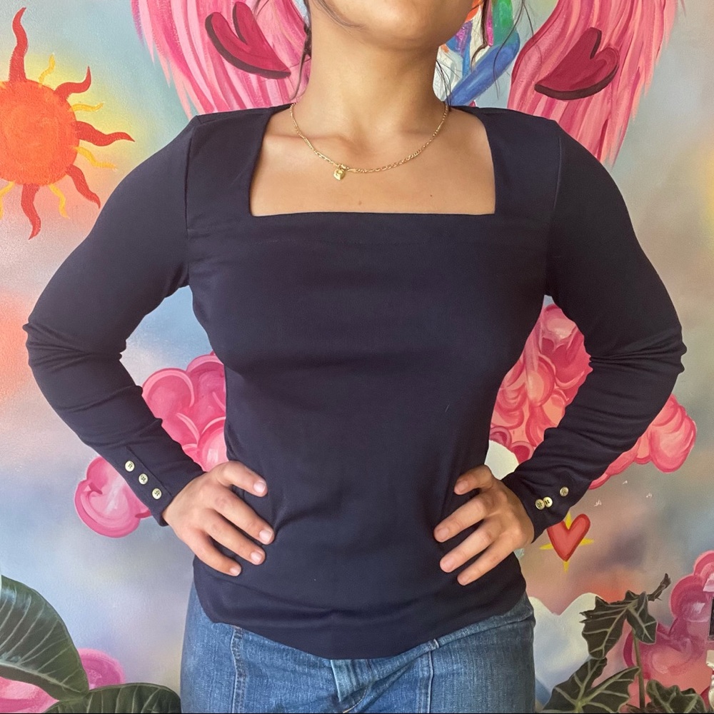 Navy Square Neckline Long Sleeve